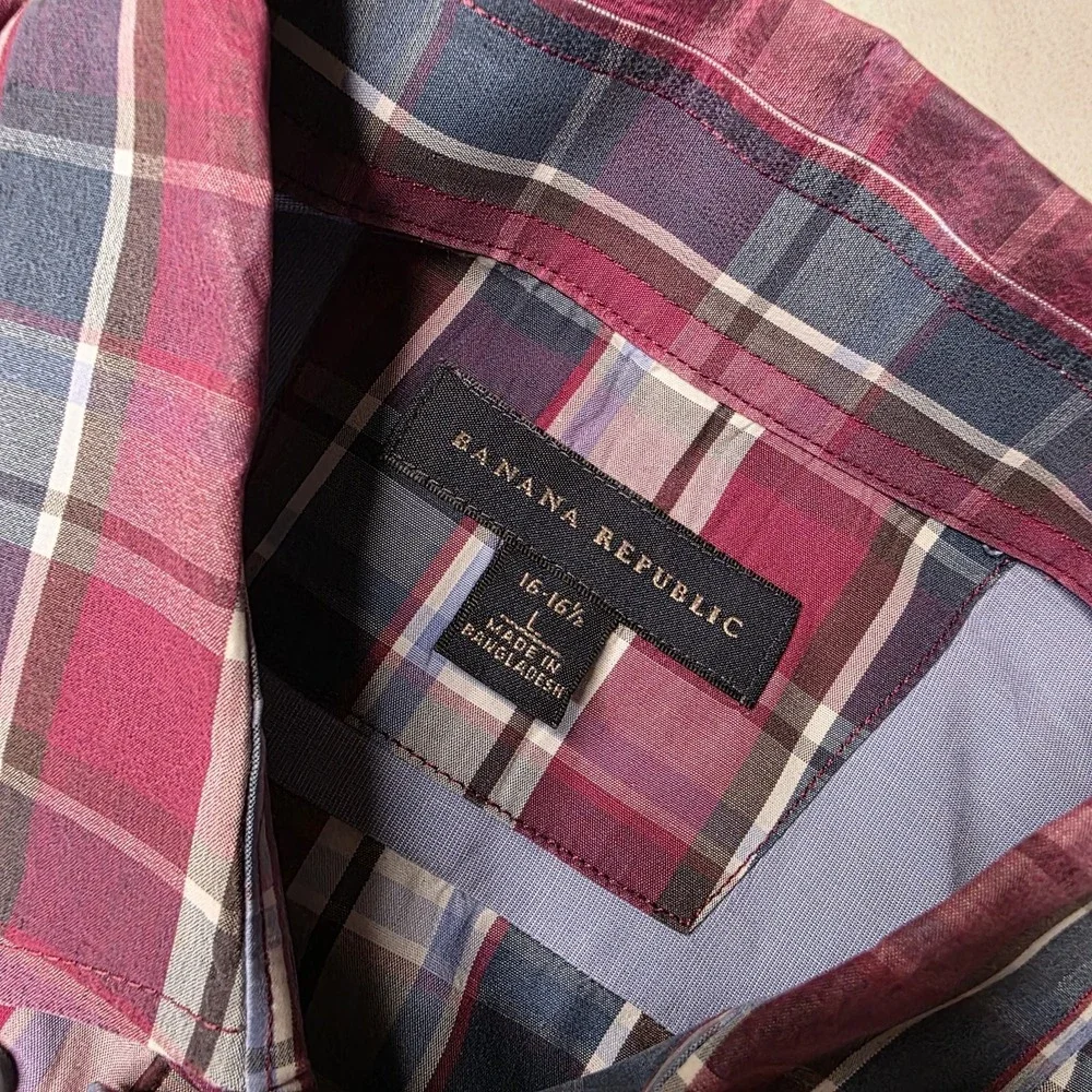 Banana Republic Linen Shirt Mens‎ Large Red Plaid Button Up made in Bangladesh